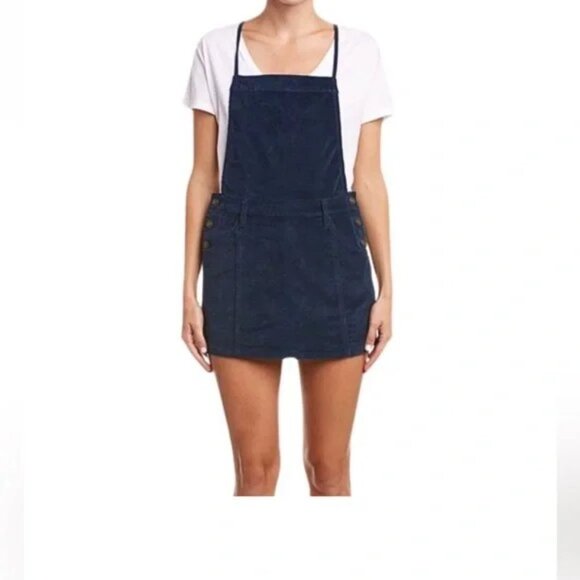 Free People Dresses & Skirts - Free People Savannah Overall Mini Dress Navy Blue Velvet Pocket -Size 0